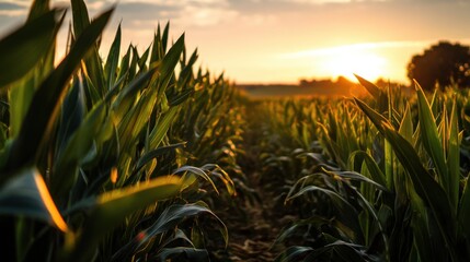 Fototapeta premium Golden sunlight filters through tall corn plants as the sun sets over the fields, creating a serene atmosphere in the countryside during late afternoon