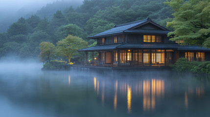 Fototapeta premium serene lakeside house with glowing lights and misty surroundings