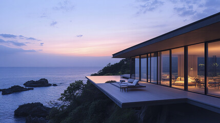 minimalist Japanese cliffside house with serene ocean view