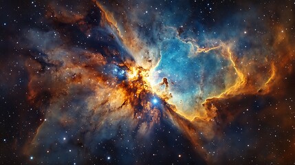 Fototapeta premium Vibrant Cosmic Nebula with Stars, A vibrant and colorful nebula in space, showcasing bright orange, blue, and yellow hues with stars