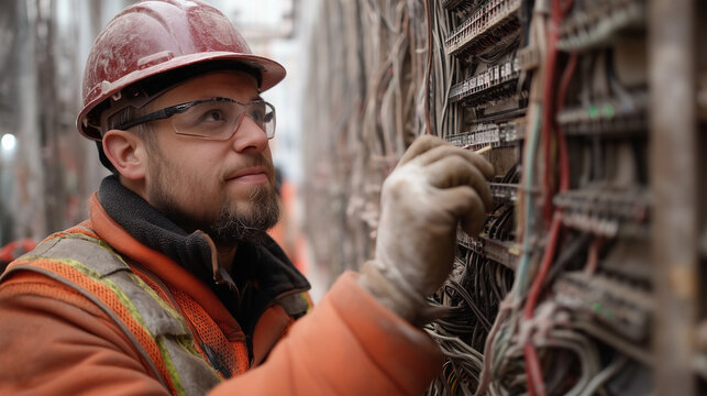 A man in a red helmet and orange jacket is working on electrical wires