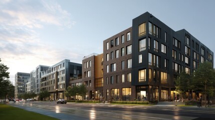 Obraz premium Beautiful residential buildings line a vibrant street in a city as dusk approaches, highlighting modern architectural designs and inviting atmospheres
