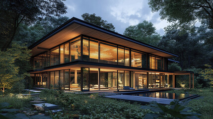 modern glass villa with exposed timber structure in lush forest setting