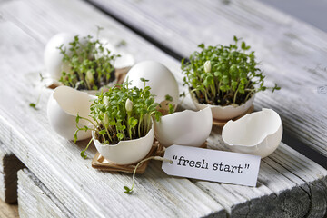Eggshell garden with fresh start tag on rustic wood surface springtime concept