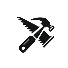 Black Hammer and Saw Logo, Simple Shapes Set of Tools