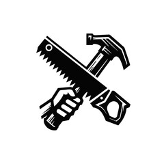 Silhouette Hammer Saw Logo, Bold Outlines, Carpentry Tools Illustration