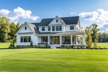 A stunning white farmhouse with a large front porch, situated on a spacious green lawn under a bright blue sky.