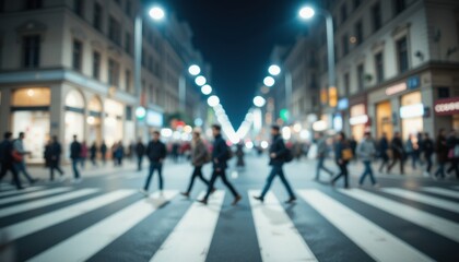 Obraz premium Nighttime City Street Crossing: Blurred Pedestrian Flow and Urban Lights