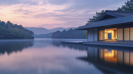 Fototapeta premium serene lakeside Japanese house with engawa deck at sunset