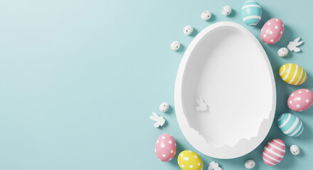 Whimsical Easter Egg Flat lay with Pastel Candy & Polka Dot Decorations on Light Blue Background