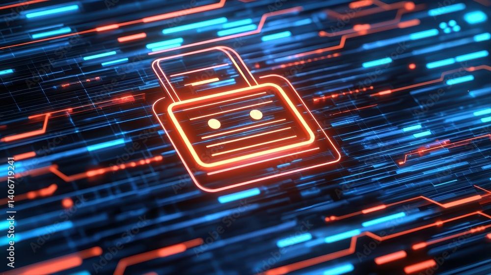 Poster secure digital lock with neon circuit background