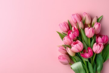 Beautiful composition spring flowers. Bouquet of pink tulips flowers on pastel pink background. Valentine's Day, Easter, Birthday, Happy Women's Day, Mother's Day. Flat lay, top view, copy space