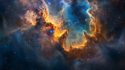 Fototapeta premium Vibrant Cosmic Nebula with Stars, A vibrant and colorful nebula in space, showcasing bright orange, blue, and yellow hues with stars