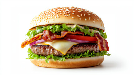 Delicious burger with lettuce, tomato, cheese, bacon, and a sesame seed bun, served on a clean white background. AI Generated Images
