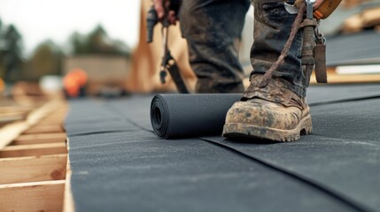 Roofing contractor applying roof underlayment for a commercial building. Featuring attention to detail and weatherproofing