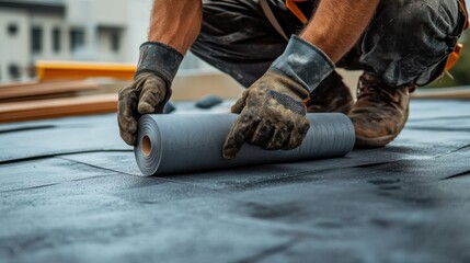 Roofing contractor applying roof underlayment for a commercial building. Featuring attention to detail and weatherproofing