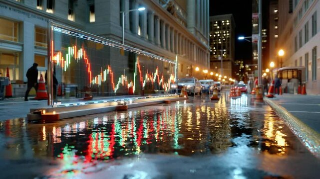 Financial District Night Scene: A vibrant nighttime scene in a financial district, showcasing a large digital display reflecting stock market data in a puddle on the street.