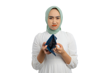 Beautiful young Asian woman in green hijab and white blouse showing empty wallet with sad facial expression isolated on transparent background