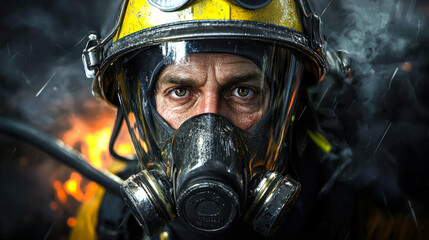 Fototapeta premium Heroic firefighter wearing protective mask, showcasing determination and bravery amidst flames