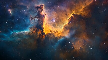 Fototapeta premium Vibrant Cosmic Nebula with Stars, A vibrant and colorful nebula in space, showcasing bright orange, blue, and yellow hues with stars