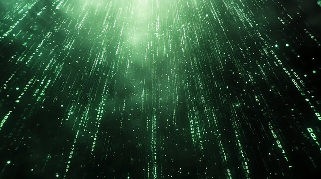Abstract green binary code rain falling on a black background, creating a cyber matrix effect. Perfect for futuristic, digital, and tech-themed designs, wallpapers, and cyberpunk visuals