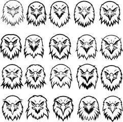 Black eagle face silhouettes vector set for wild tattoo design