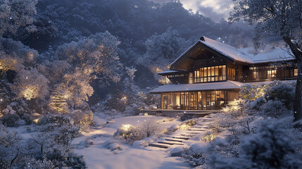Fototapeta premium snowy Japanese mountain house with glowing windows creates serene winter scene