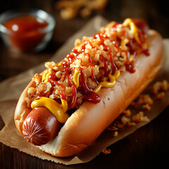 photo of a juicy hot dog with fried sausage, ketchup, mustard and fried onions