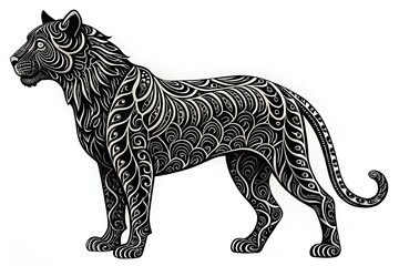 Fototapeta premium Majestic black panther, adorned in intricate swirling patterns, a symbol of grace and power, rendered in elegant black and white.