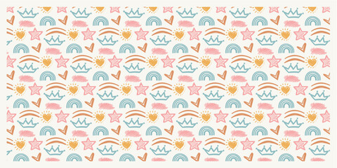 Seamless Pattern with Crowns, Stars, Hearts, Rainbows, and Magical Sparkles for Children's Textiles and Decor