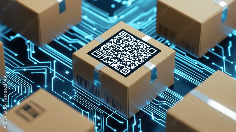 Poster qr code on cardboard box with circuit background