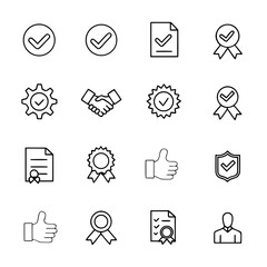 Vector icons of approval checkmark success quality guarantee certificate and handshake symbols