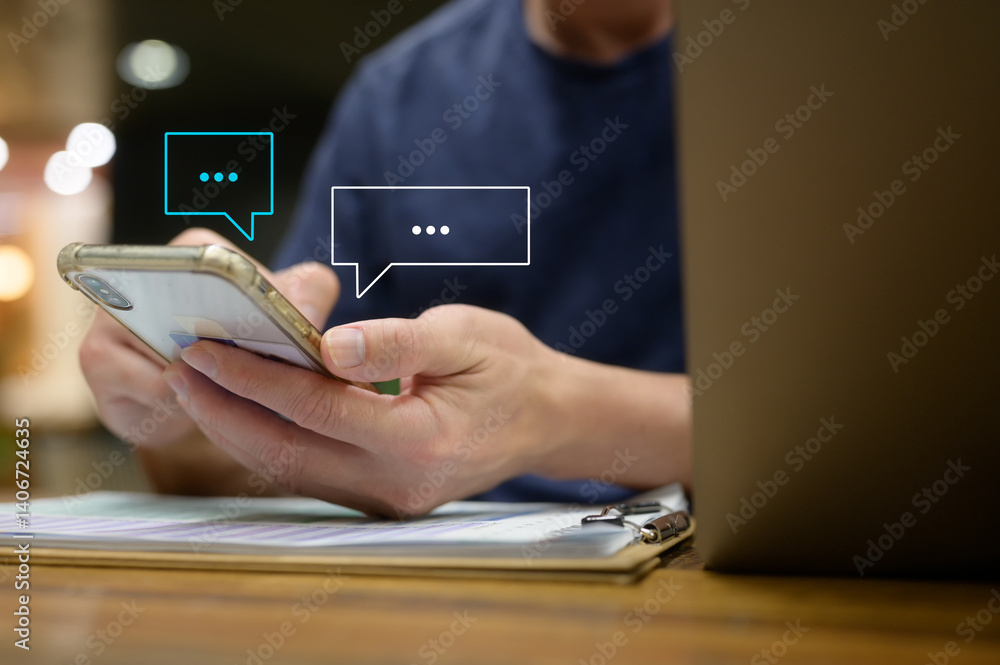 Poster social media man hand using smartphone typing live chat chatting on application communication digita