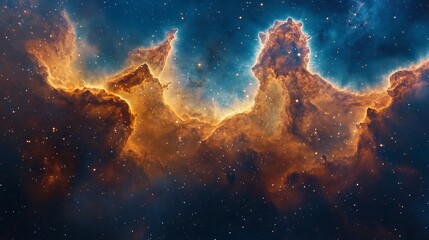 Obraz premium Vibrant Cosmic Nebula with Stars, A vibrant and colorful nebula in space, showcasing bright orange, blue, and yellow hues with stars