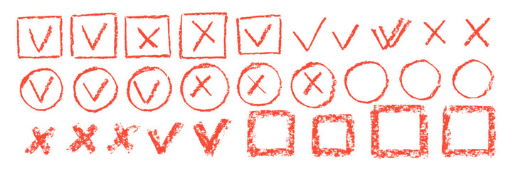 Hand drawn chalk checklist, checkbox, tick and cross signs in rectangle or oval with crayon, pastel or chalk texture. Red vector illustration isolated on a white background.