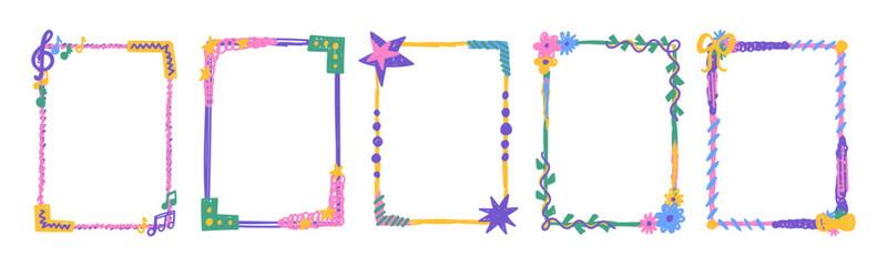 Set of doodle frames for girls with crayon, pastel or pencil texture. Frames with stars, flowers and music notes. Color vector illustration isolated on a white background. © Arina