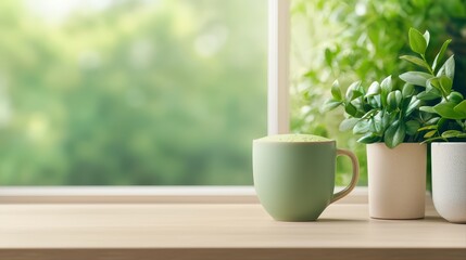 Serene greenery with mug on wooden table by window