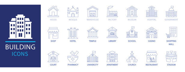 Flat vector Building line Icon set. Featuring house, hospital, mosque, school, court, library, hotel, factory, pharmacy, and government icons. Ideal for city, real estate, and urban planning projects.