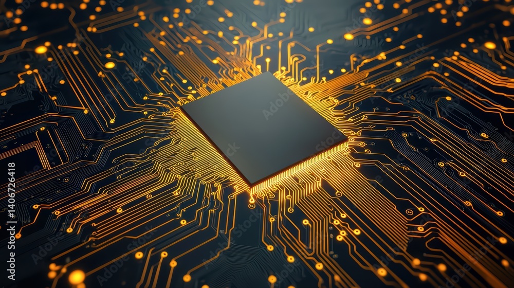 Poster circuit board with microchip and glowing connections