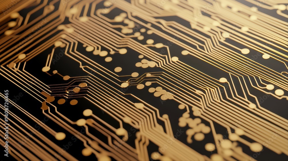 Poster intricate circuit board pattern with gold lines and dots