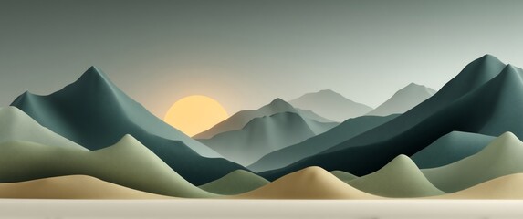 Abstract illustration of layered mountains and sun. Serene landscape, muted colors and soft light