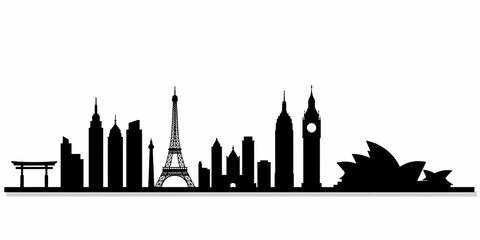 World Landmarks Skyline Silhouette &ndash; Famous Cities and Monuments Illustration