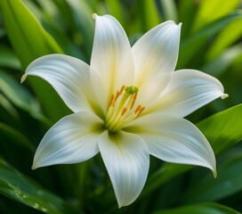 Fototapeta premium A pristine white lily surrounded by lush green leaves, captured with soft focus on the edges for a dreamy effect. Camera settings: f/3.5, ISO 100, 1/320s.