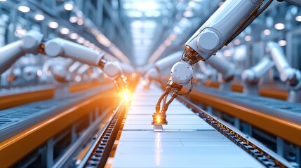 Industrial robotic arm assembling product on conveyor