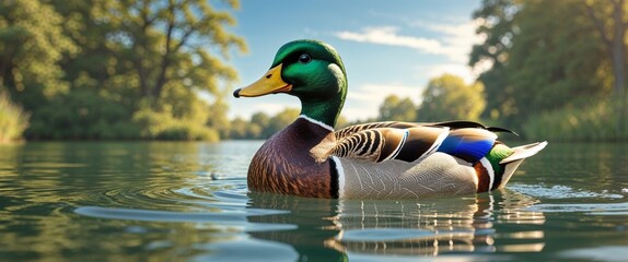 Mallard duck swimming gracefully in a tranquil lake during a sunny afternoon.