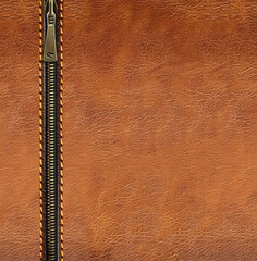Horizontal leather background of brown color with closed zipper or fastener. Decorative backdrop with cowhide texture and close zip.  Mock up template. Copy space for text