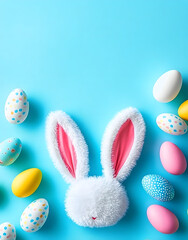 Easter party concept. Top view photo of easter bunny ears white pink blue and yellow eggs on isolated pastel blue background with copyspace in the middle