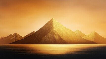 Sunset over majestic mountains with a shimmering reflective water surface.