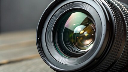 Close up of camera lens with detailed glass elements and mechanical focusing rings