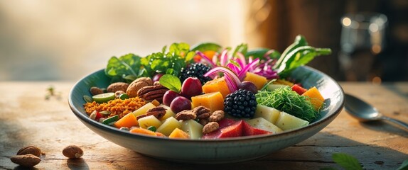Wholesome bowl of colorful food on a wooden table with natural light highlighting its fresh ingredients and texture